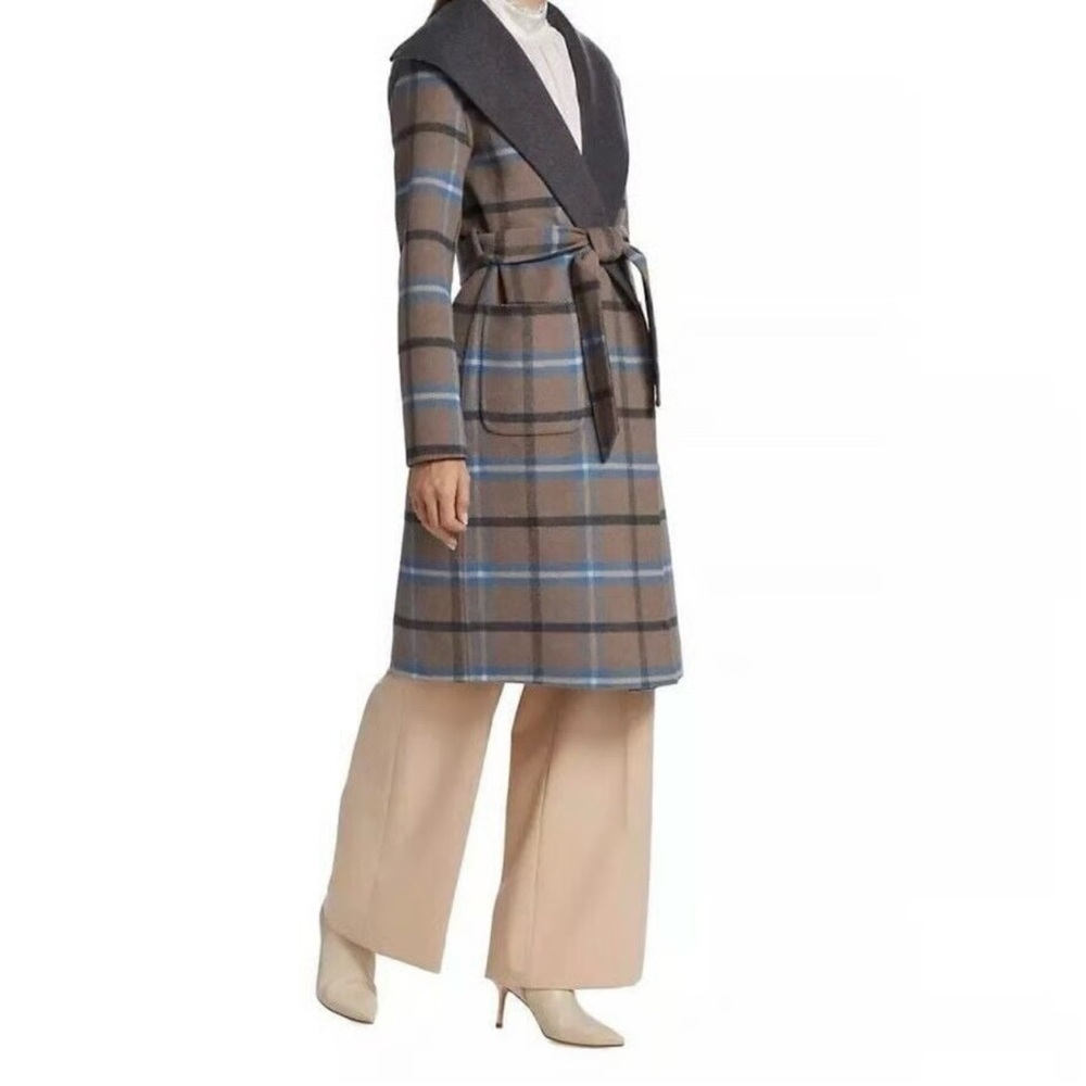 NEW Elie Tahari Wallace Plaid Wrap Coat Gray Wool Fox Hare Silk Size Large - Picture 2 of 9
